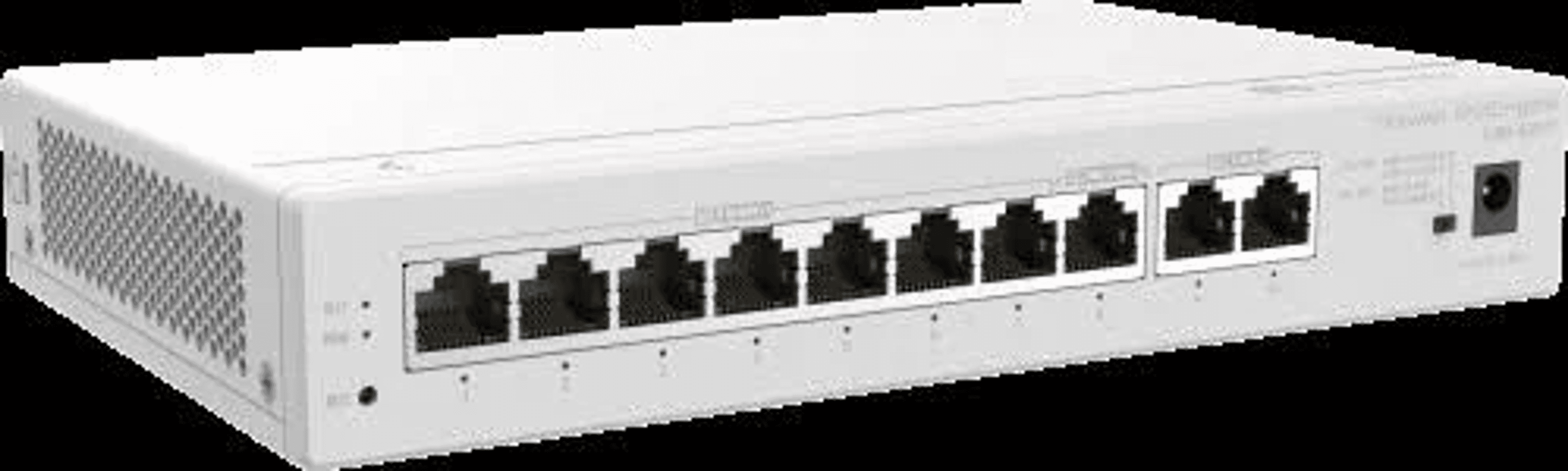 Uno switch Ethernet bianco con porte RJ45 multiple e indicatori LED su sfondo nero.