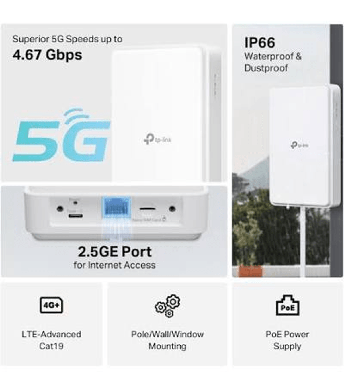Grafica promozionale che mostra un router 5G TP-Link bianco impermeabile IP66 con porta 2.5GE.