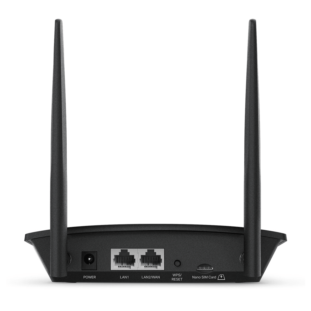 Rückseite eines schwarzen WLAN-Routers mit zwei Antennen, Stromanschluss, zwei LAN-Anschlüssen, WPS-Reset und Nano-SIM-Schacht.