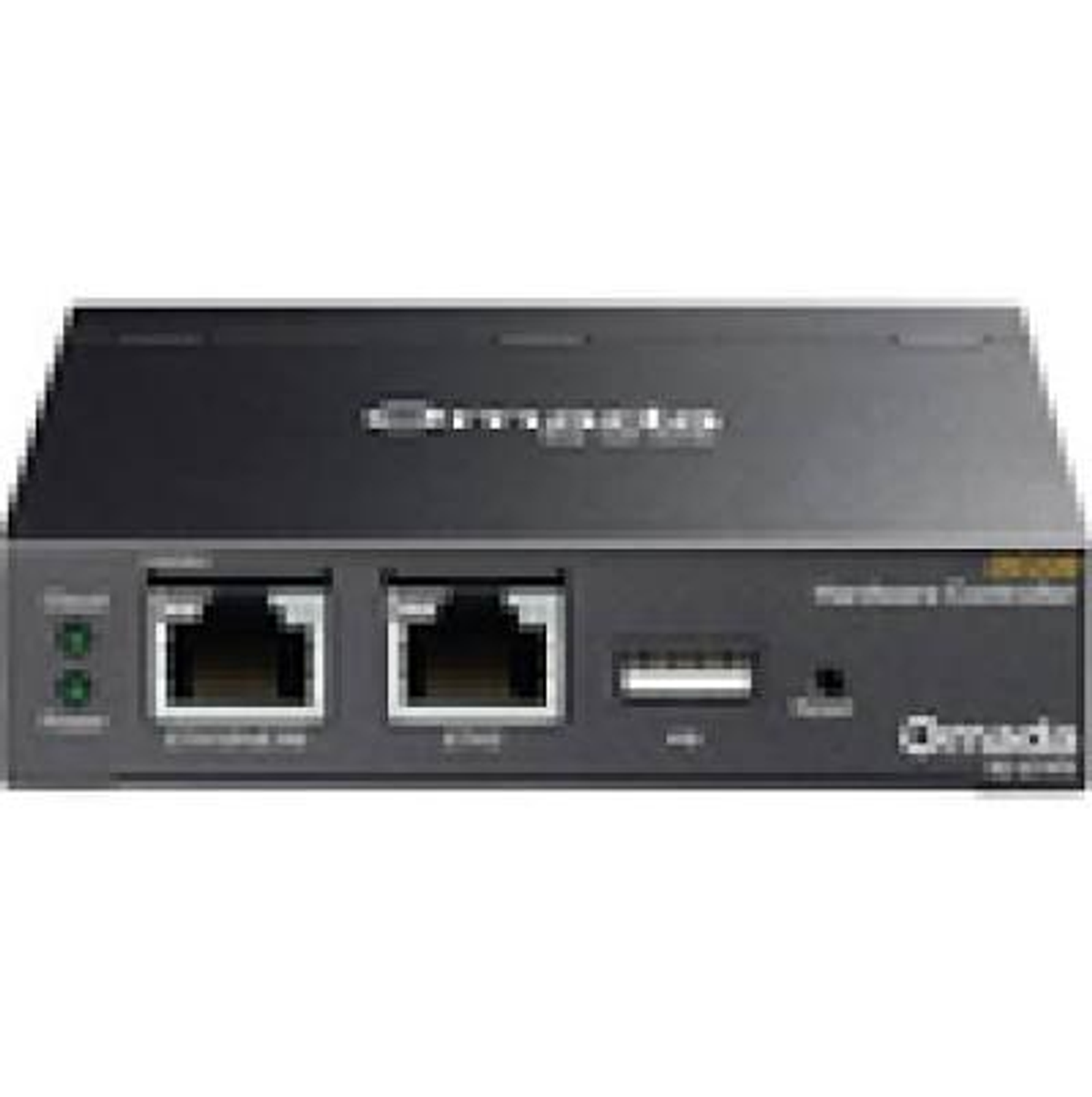 Un contrôleur matériel noir TP-Link Omada avec deux ports Ethernet, un port USB et des voyants.