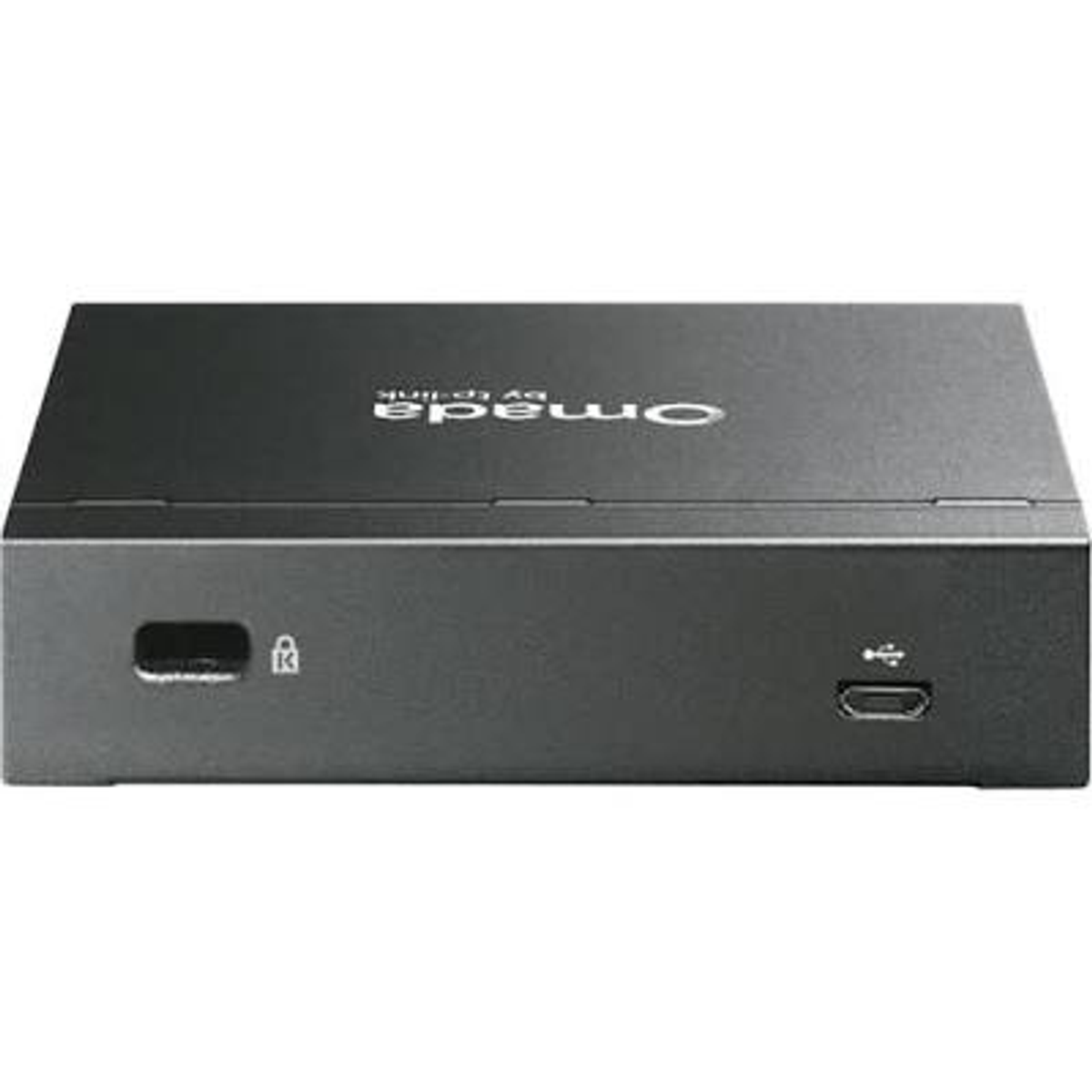 Un appareil noir rectangulaire avec une fente de sécurité et un port micro-USB à l'avant, et le logo Omada sur le dessus.