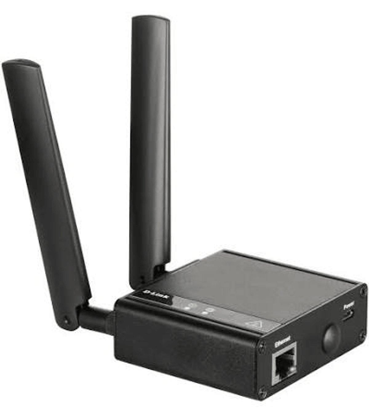 Un router D-Link nero con due antenne, una porta Ethernet e una porta di alimentazione su sfondo bianco.