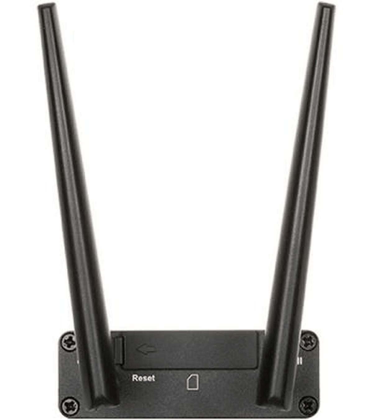 Un router nero con due antenne, un pulsante di reset e uno slot per SIM su sfondo bianco.