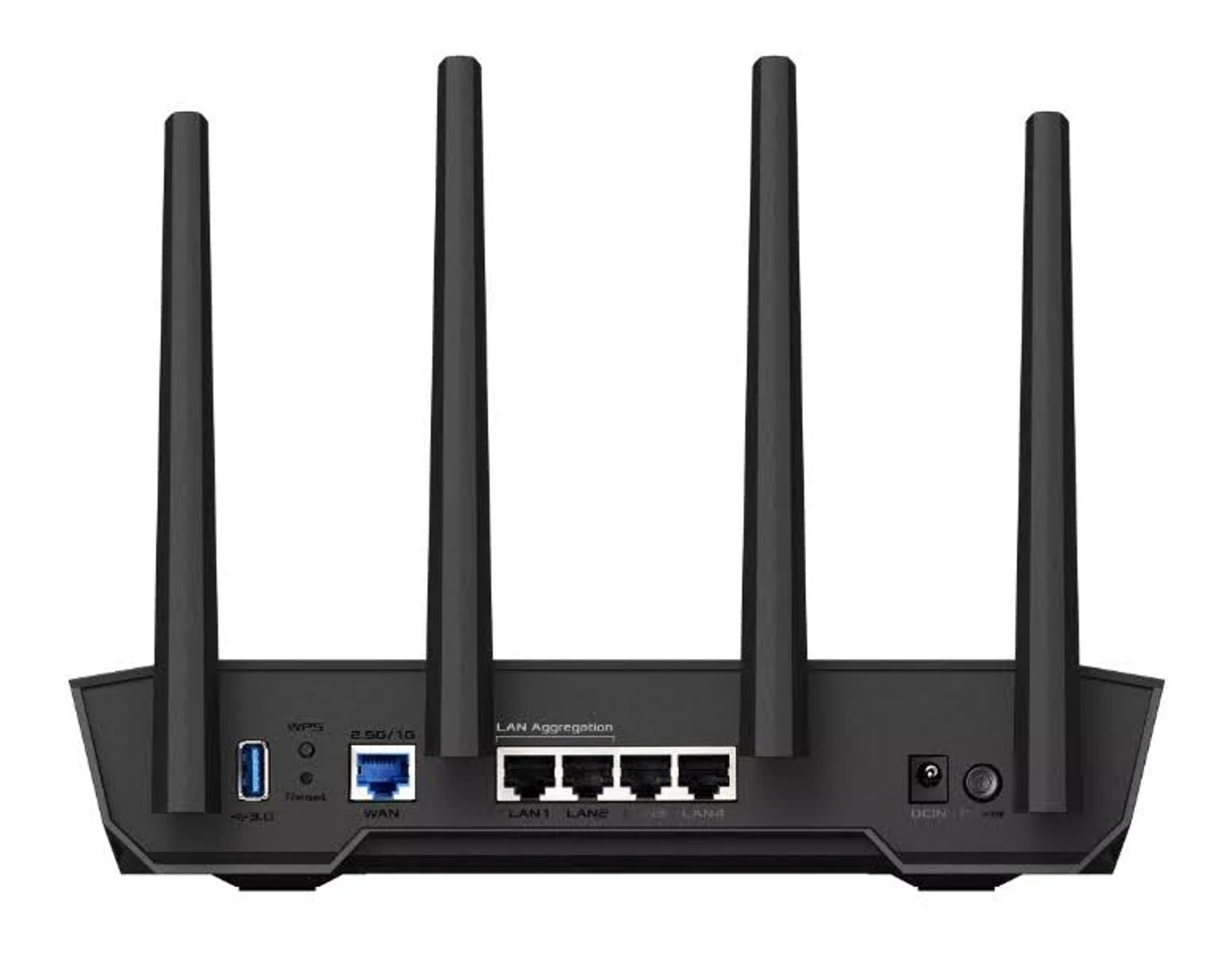 Vista posteriore di un router nero con quattro antenne, porta USB, porte WAN e LAN e ingresso di alimentazione.