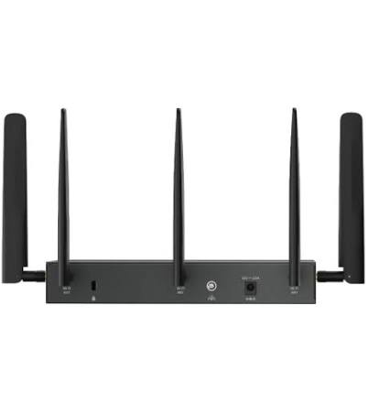Un router Wi-Fi nero con cinque antenne verticali e varie porte sul pannello posteriore.