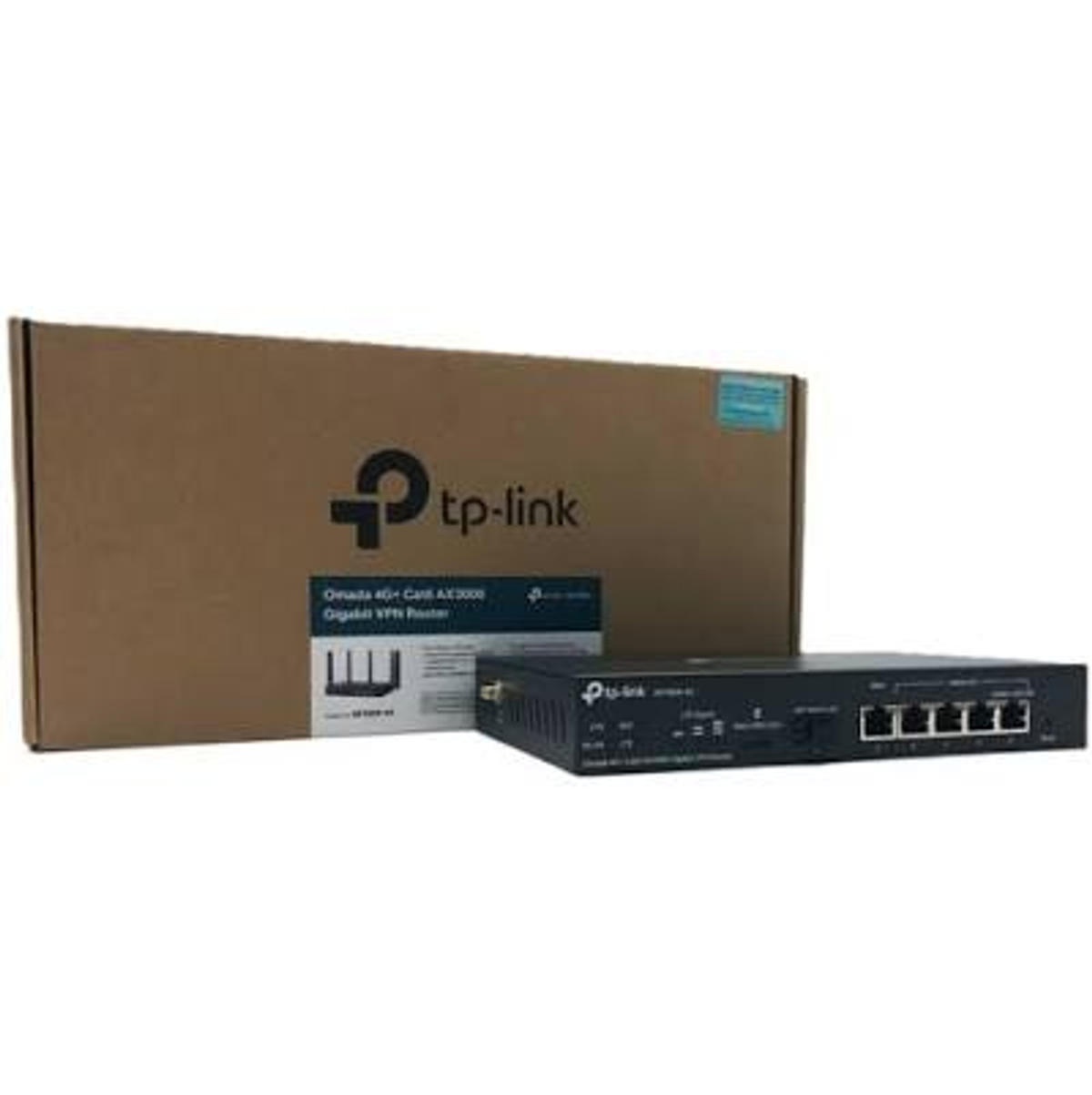 Un router TP-Link nero si trova di fronte alla sua scatola di imballaggio marrone.