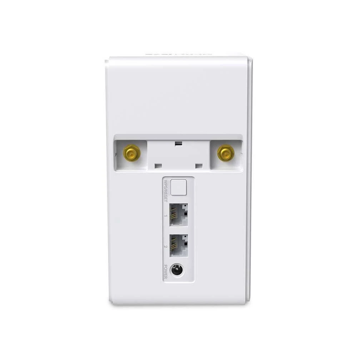 Router wireless bianco con connettori per antenna dorati, due porte Ethernet, un jack di alimentazione e un pulsante di reset.