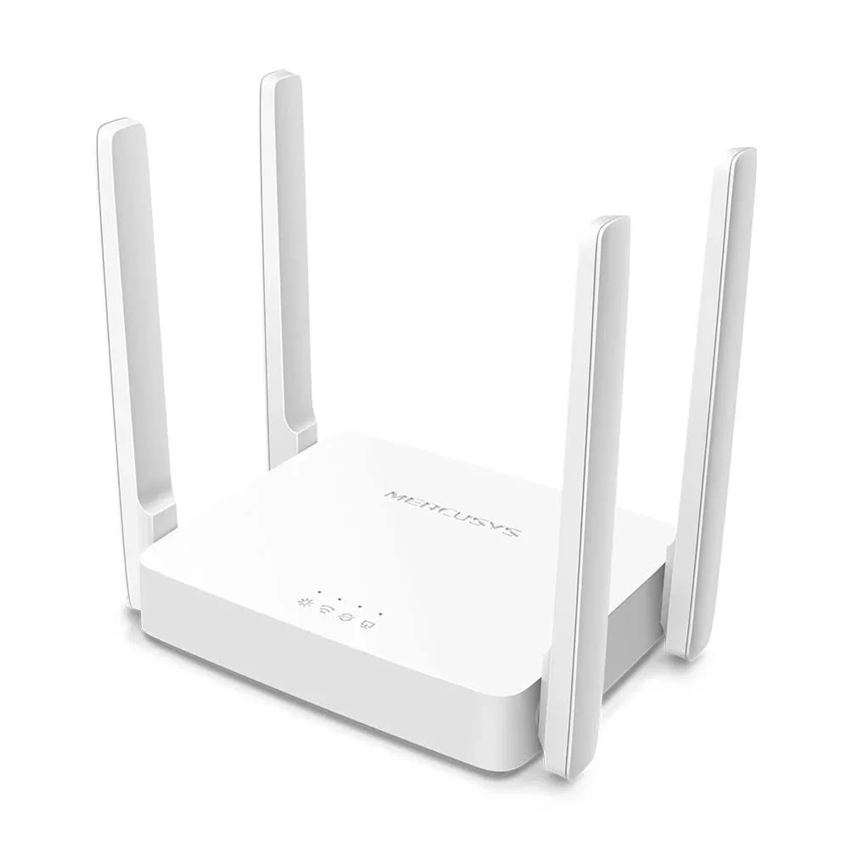 Un router Wi-Fi Mercusys bianco con quattro antenne verticali su sfondo bianco.