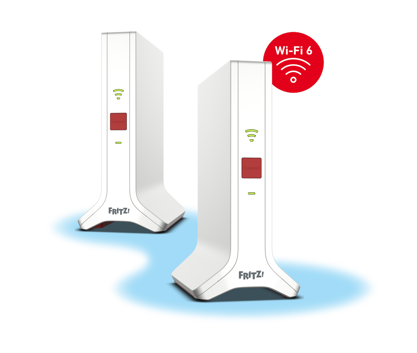Deux routeurs FRITZ! blancs sur fond bleu, avec un badge rouge Wi-Fi 6.
