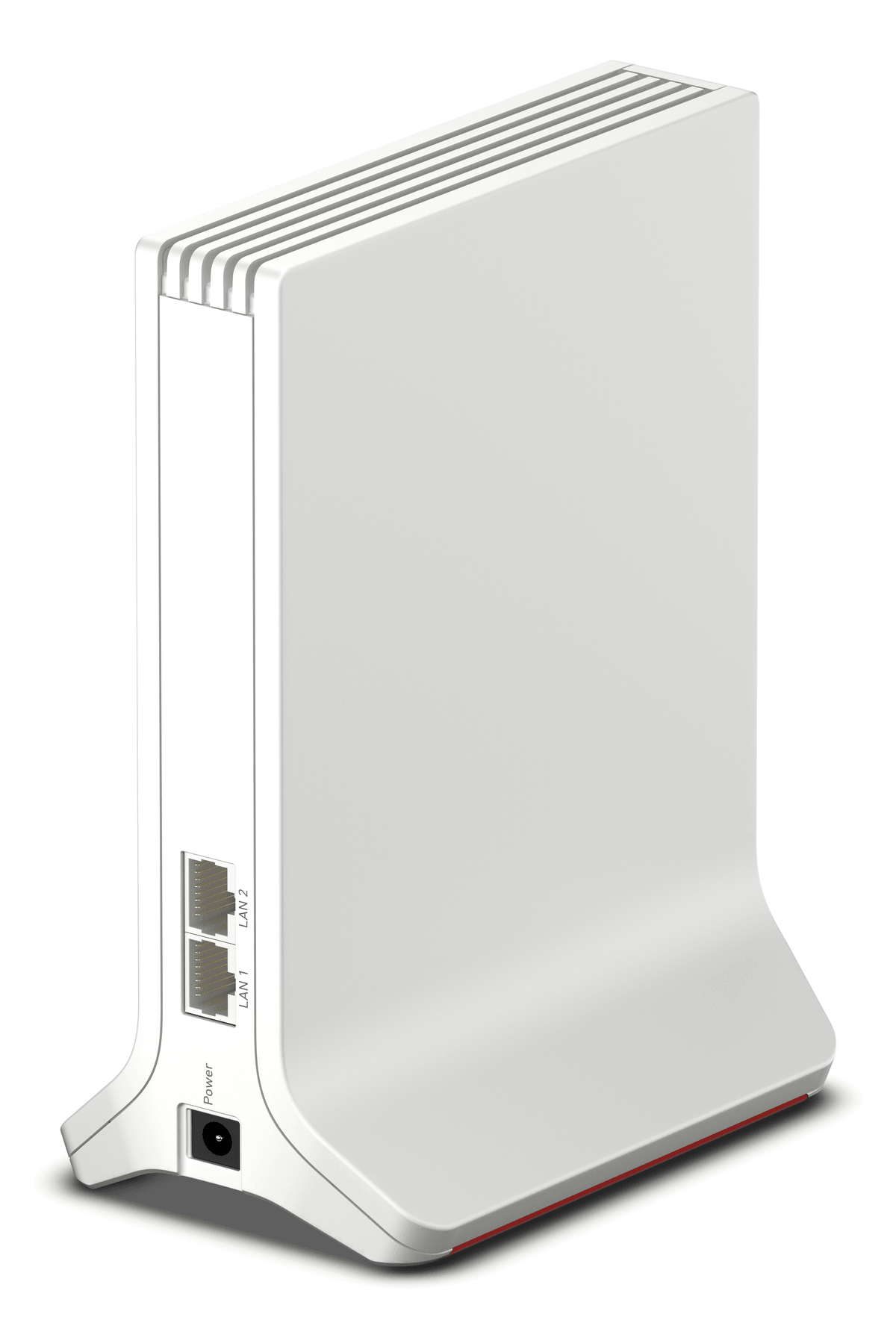 Un routeur vertical blanc avec des fentes de ventilation, deux ports LAN et une entrée d'alimentation.