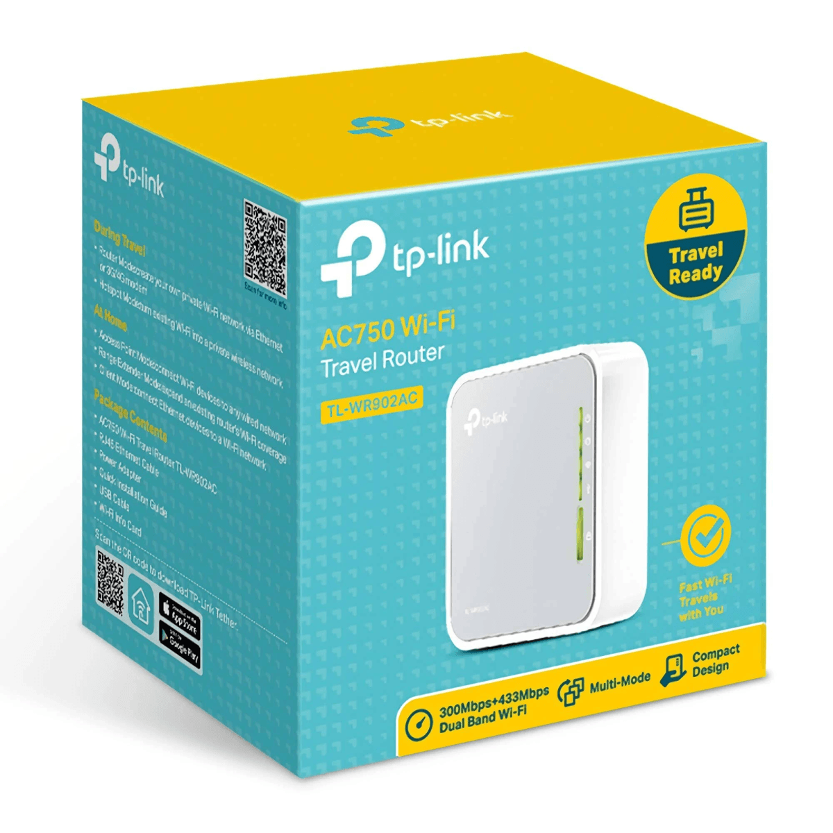 Router da viaggio Wi-Fi TP-Link AC750 in scatola turchese e bianca con coperchio giallo.