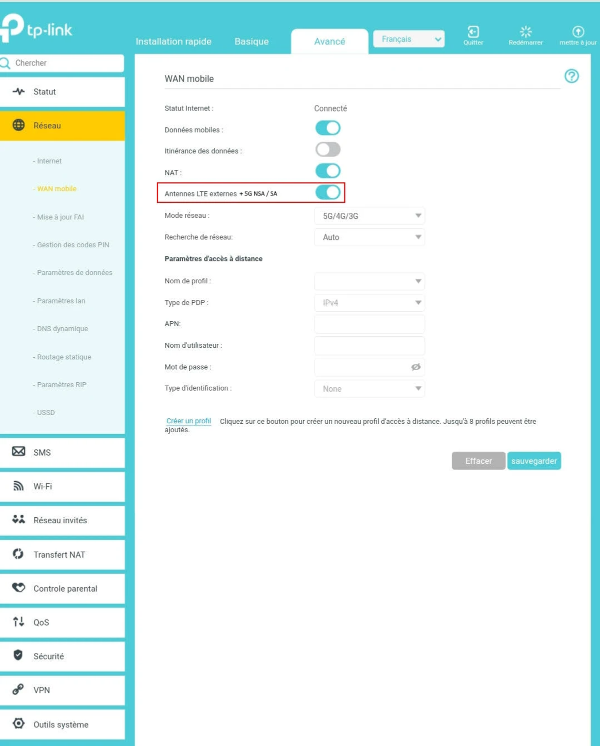 Screenshot der TP-Link Router-Konfigurationsseite mit erweiterten mobilen WAN-Einstellungen.