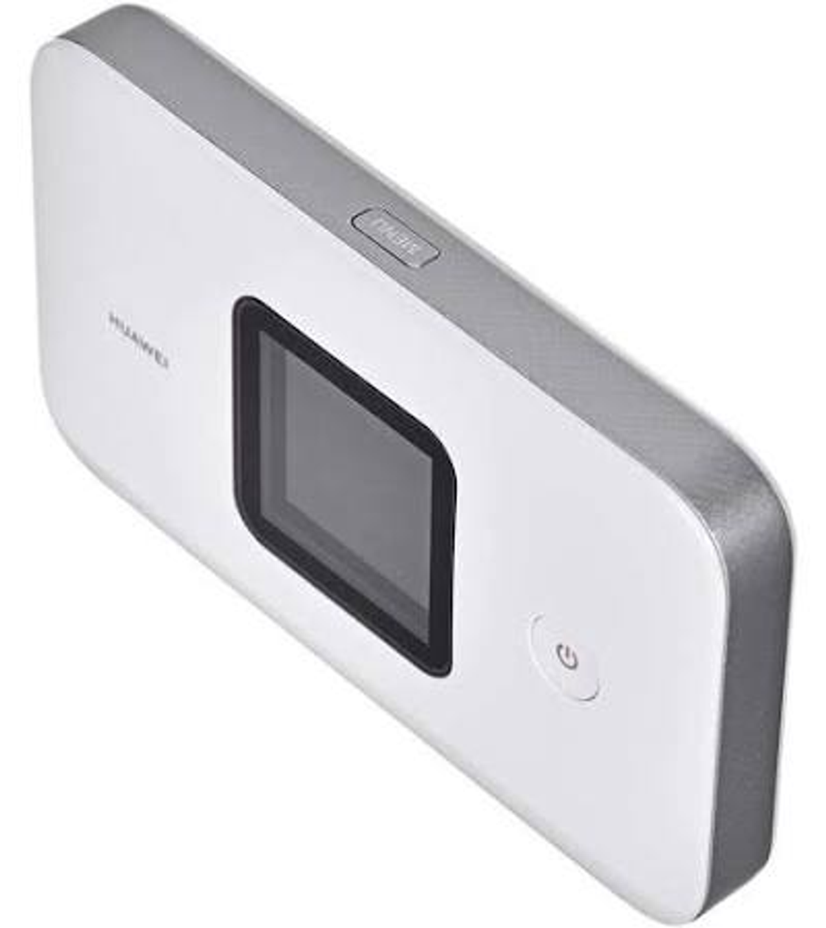 Un routeur Wi-Fi mobile blanc et gris doté d'un petit écran et de boutons sur le dessus et l'avant.