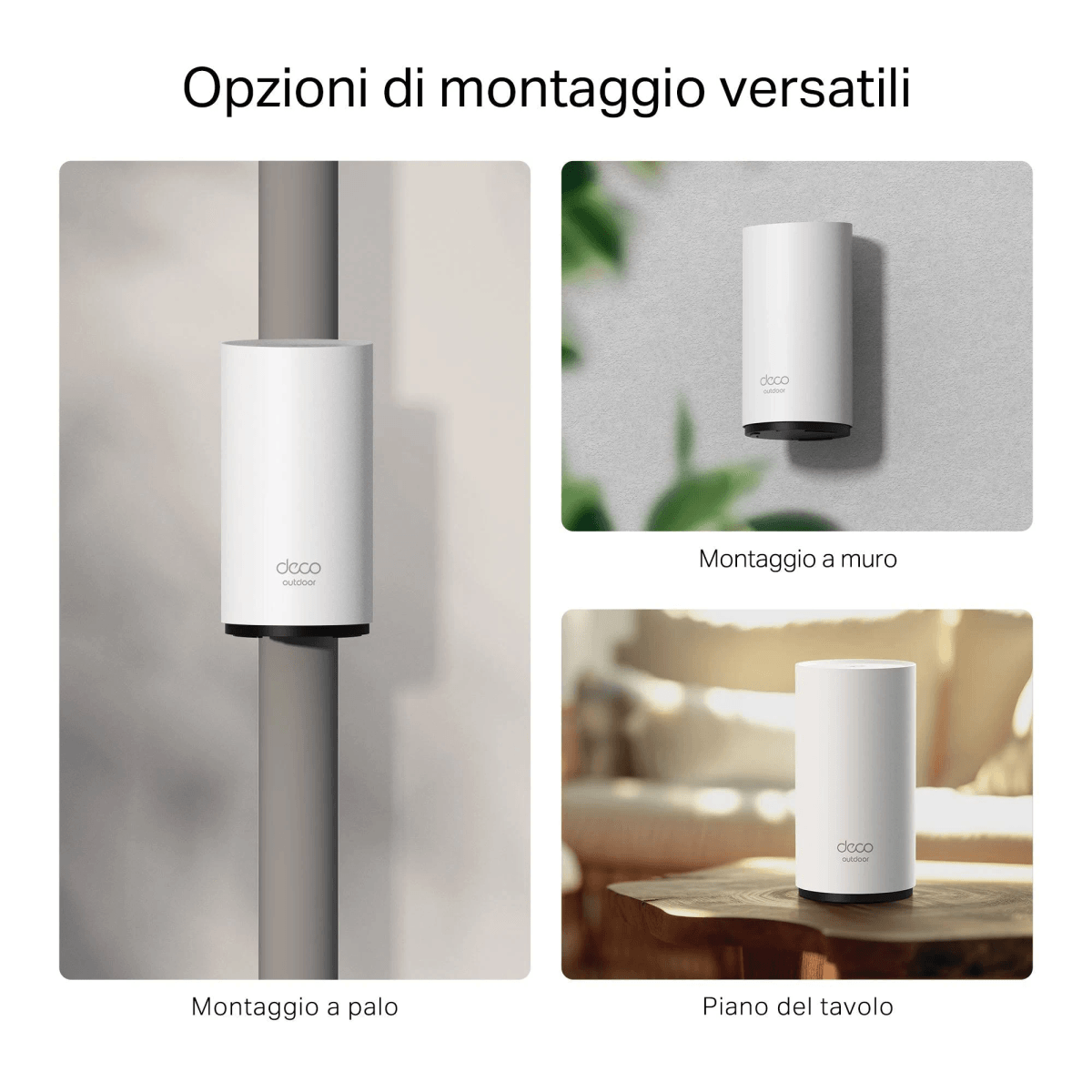 Drei Bilder zeigen flexible Montageoptionen für einen weißen Deco-Router: an einer Stange, an der Wand und auf einem Tisch.