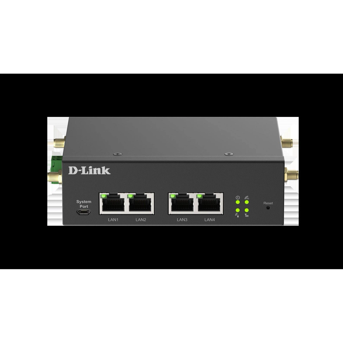Switch di rete D-Link nero con quattro porte LAN, spie di stato, porta di sistema e connettori per antenna.