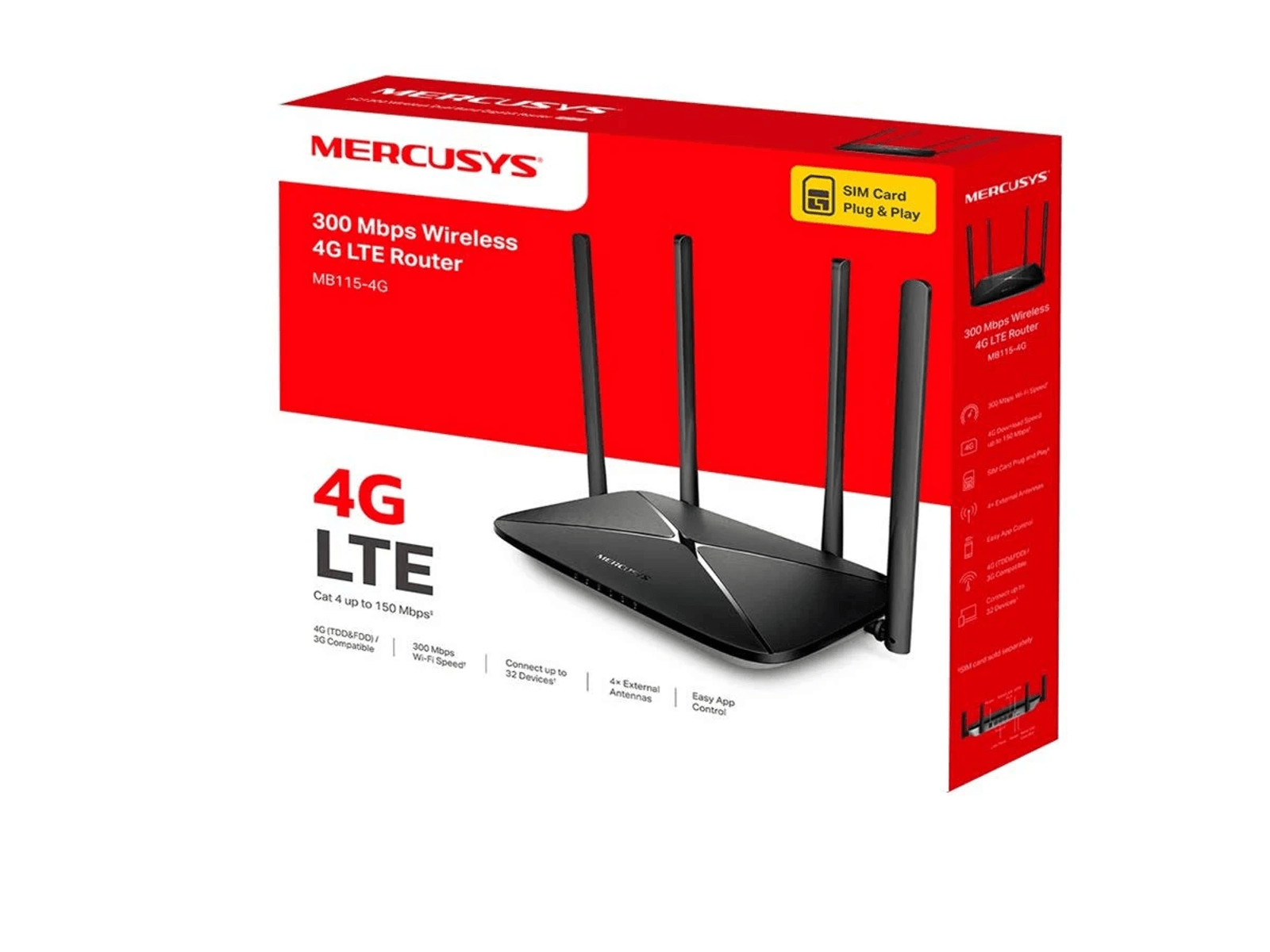 Scatola rossa del router Mercusys 4G LTE con un router nero e quattro antenne.