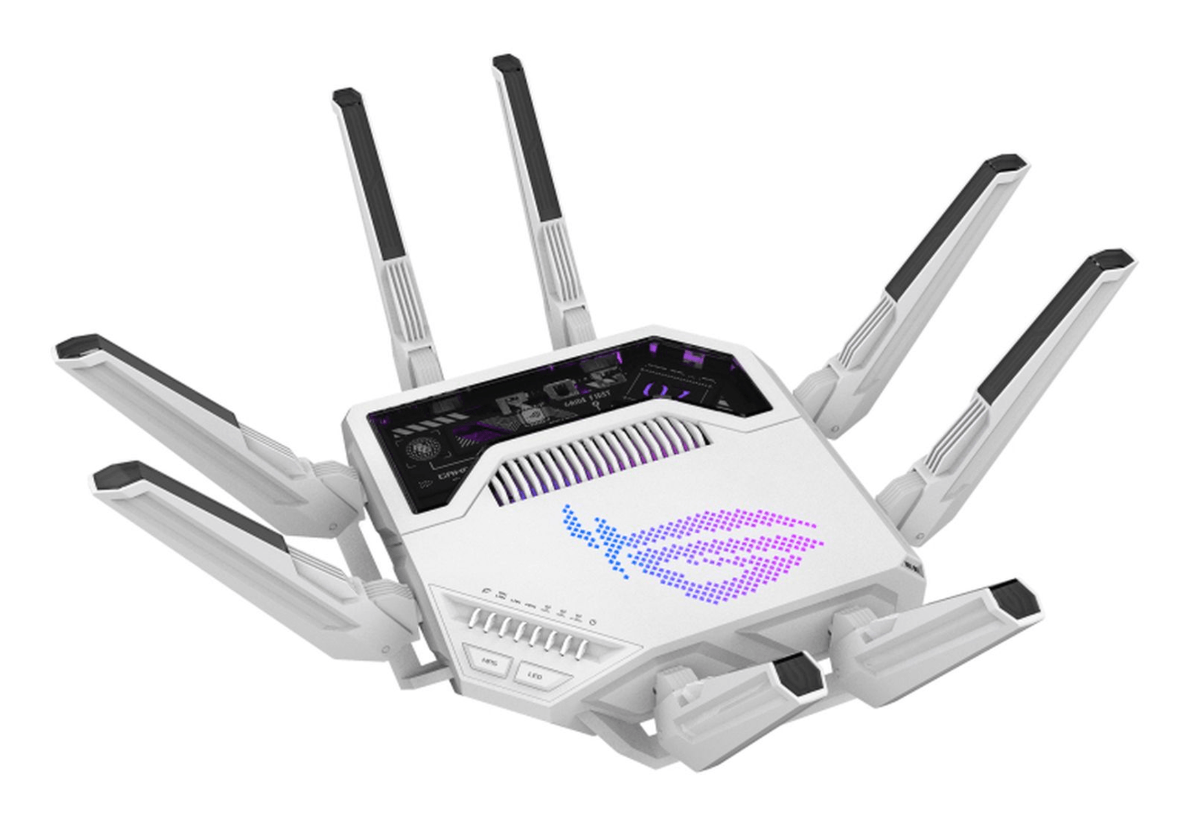 Router da gioco Asus ROG bianco con sei antenne, logo RGB e design futuristico su sfondo bianco.