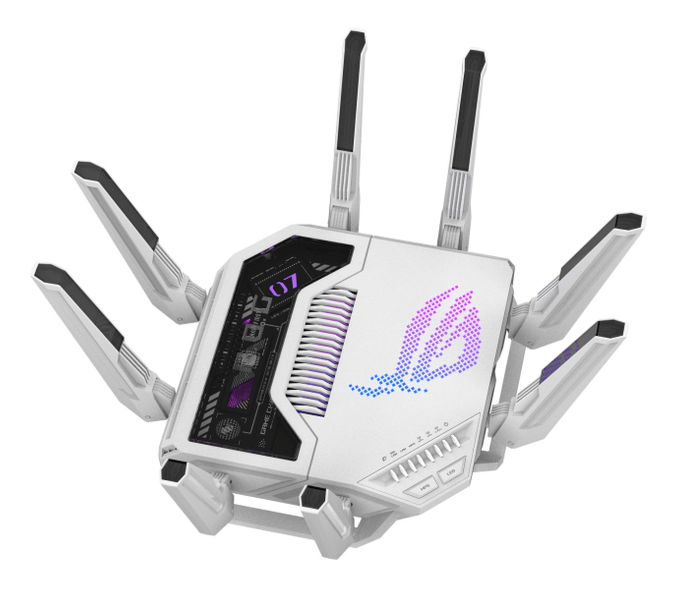 Un router Wi-Fi futurista bianco e nero con otto antenne e luci viola luminose.