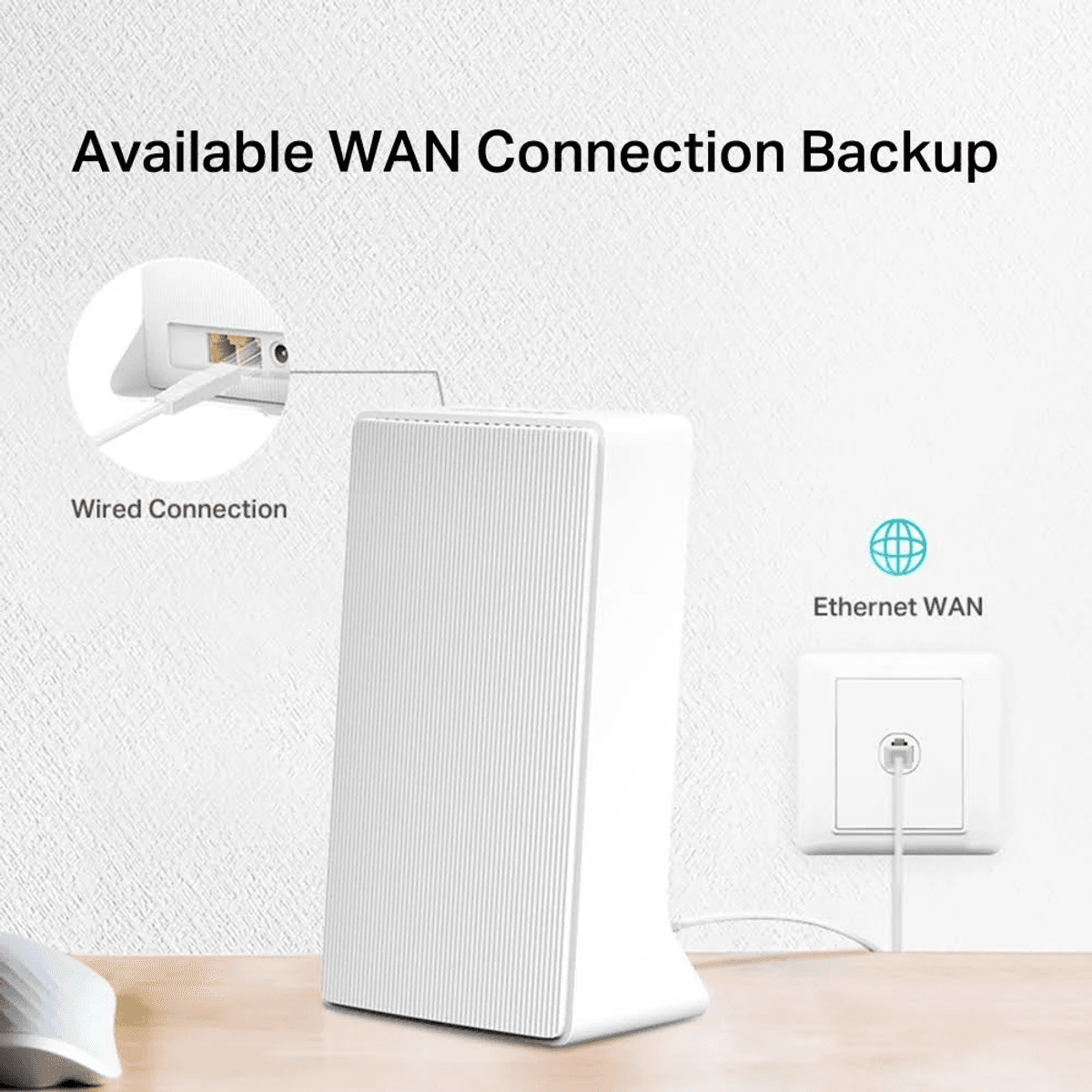 Un router bianco su un tavolo, collegato a una presa a muro per Ethernet WAN.