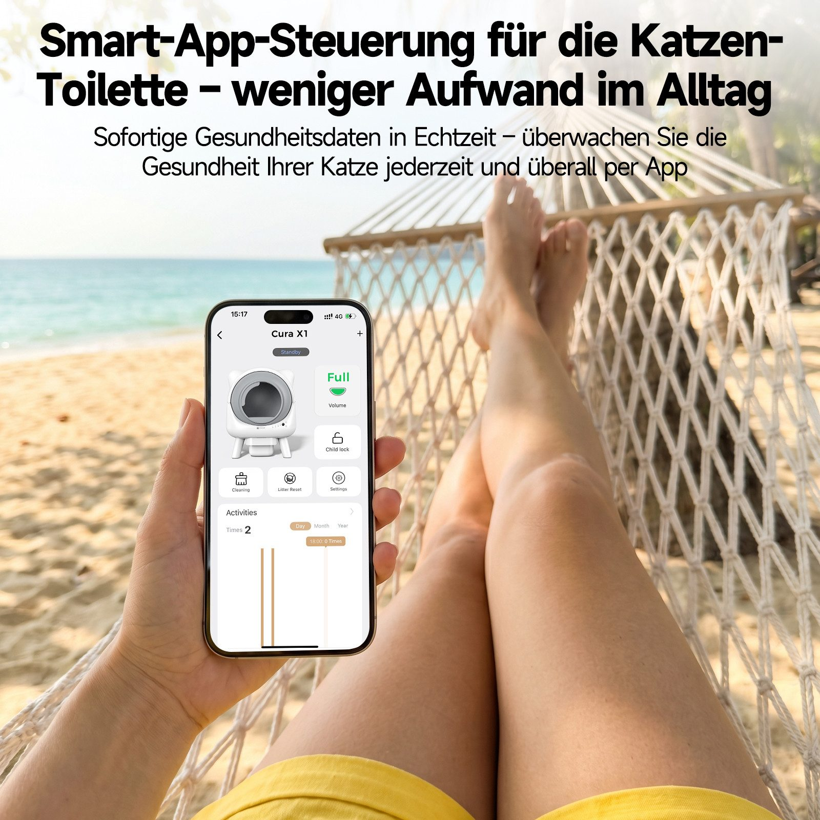 Persona en una hamaca de playa sosteniendo un smartphone con app para arenero de gato.