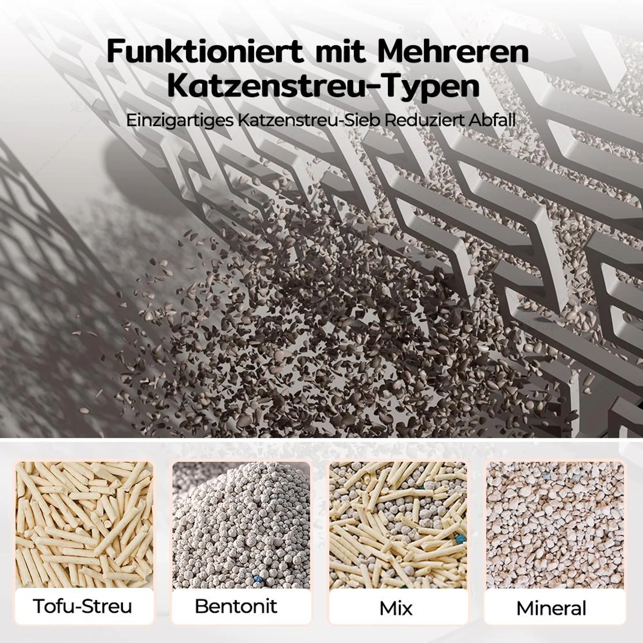 Ein graues Katzentreu-Sieb filtert verschiedene Streuarten wie Tofu, Bentonit, Mix und Mineral.