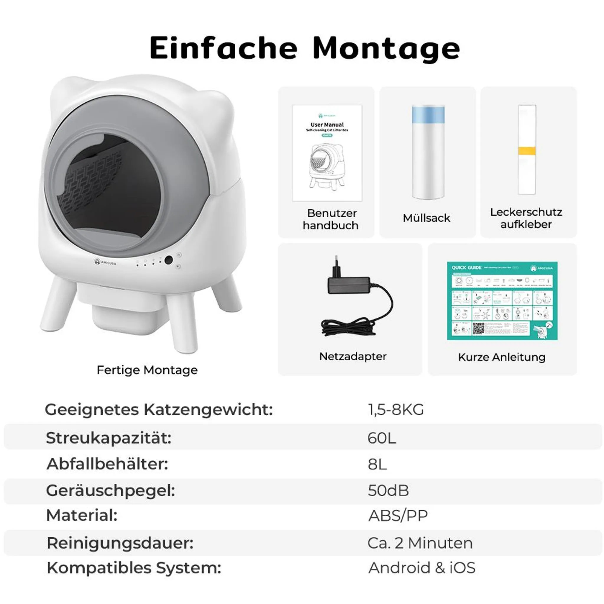 Arenero automático blanco para gatos con accesorios y especificaciones.