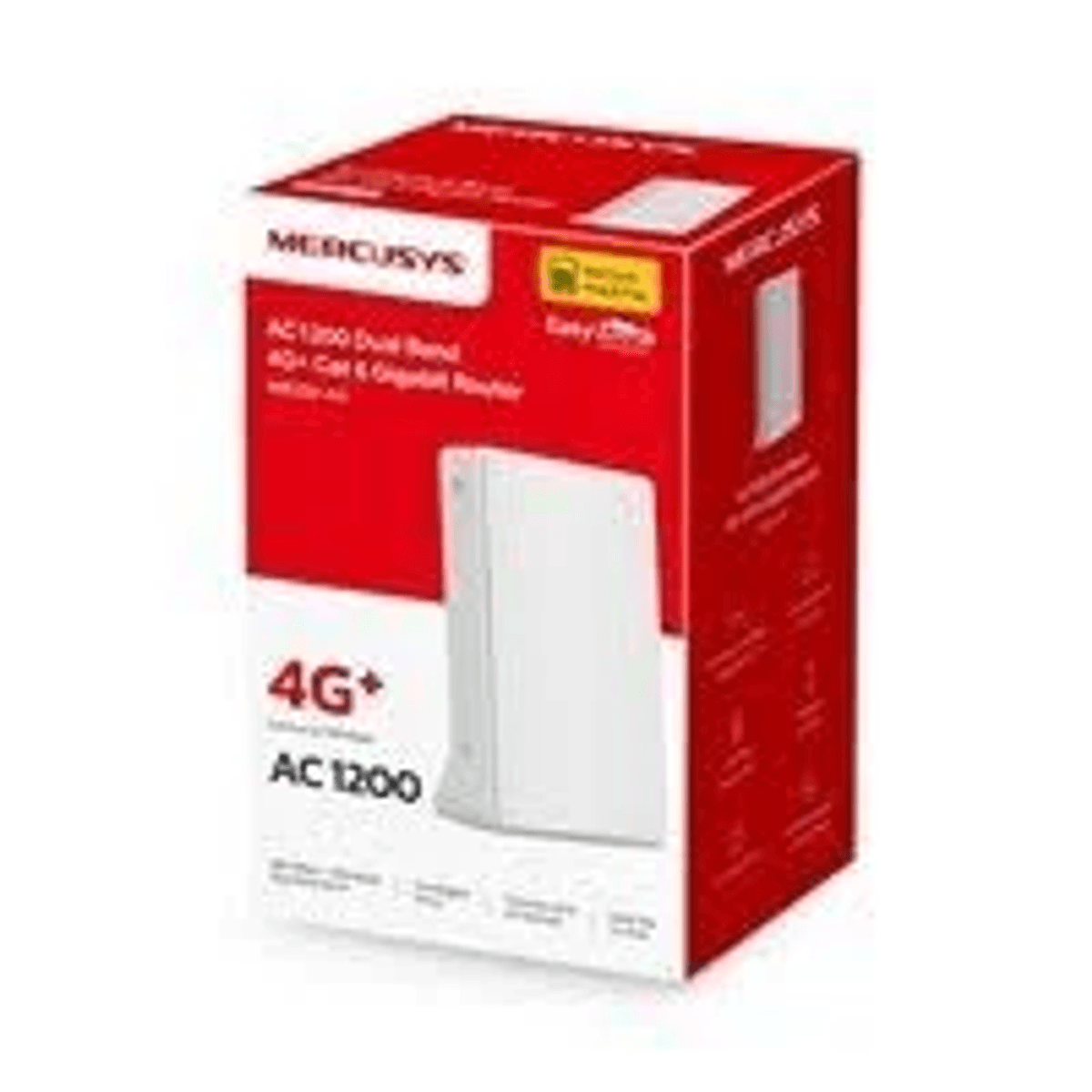 Scatola di prodotto rossa e bianca per un router Mercusys AC1200 4G+.