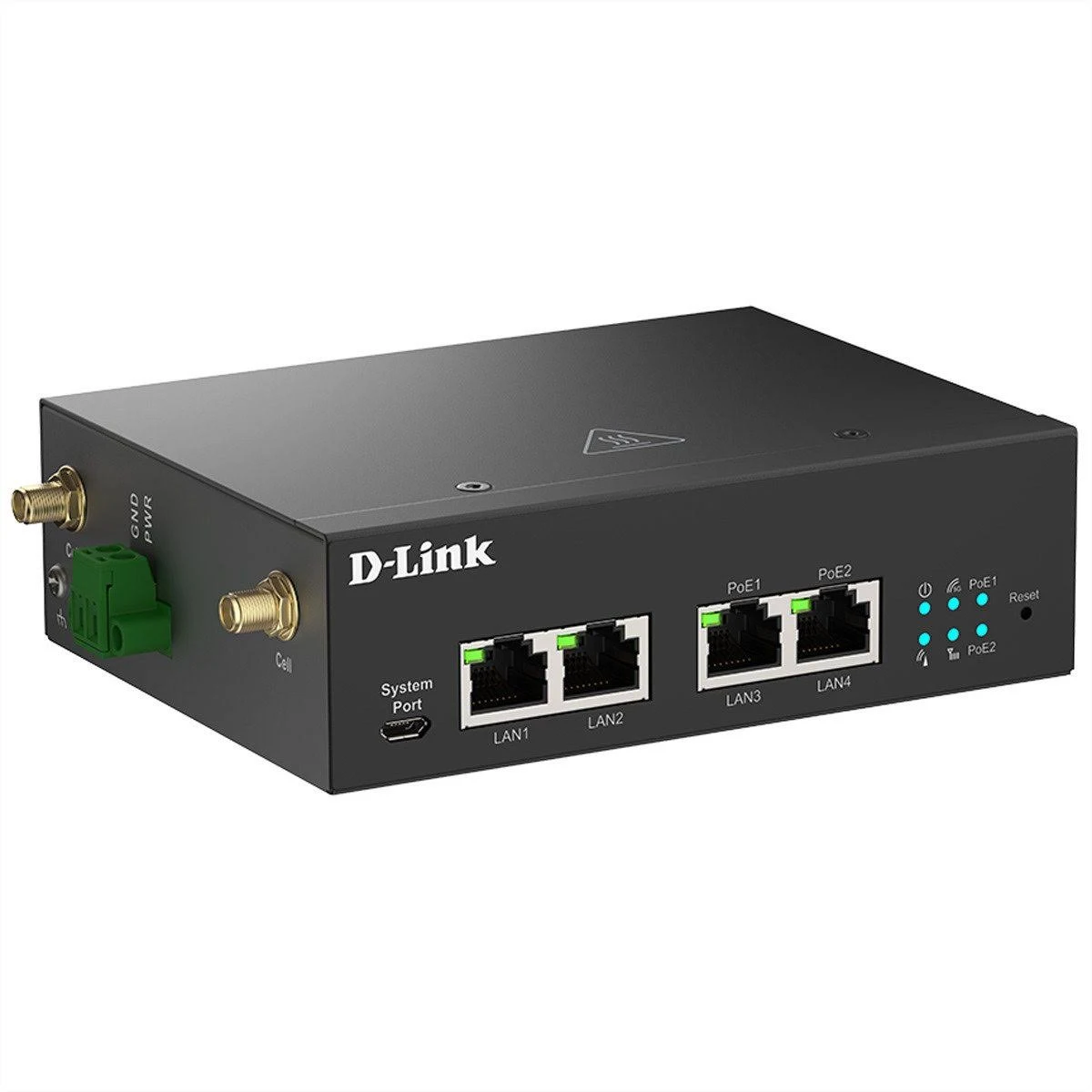 Ein schwarzer D-Link Netzwerk-Switch mit vier LAN-Ports, Systemport und Antennenanschlüssen auf einer weißen Fläche.