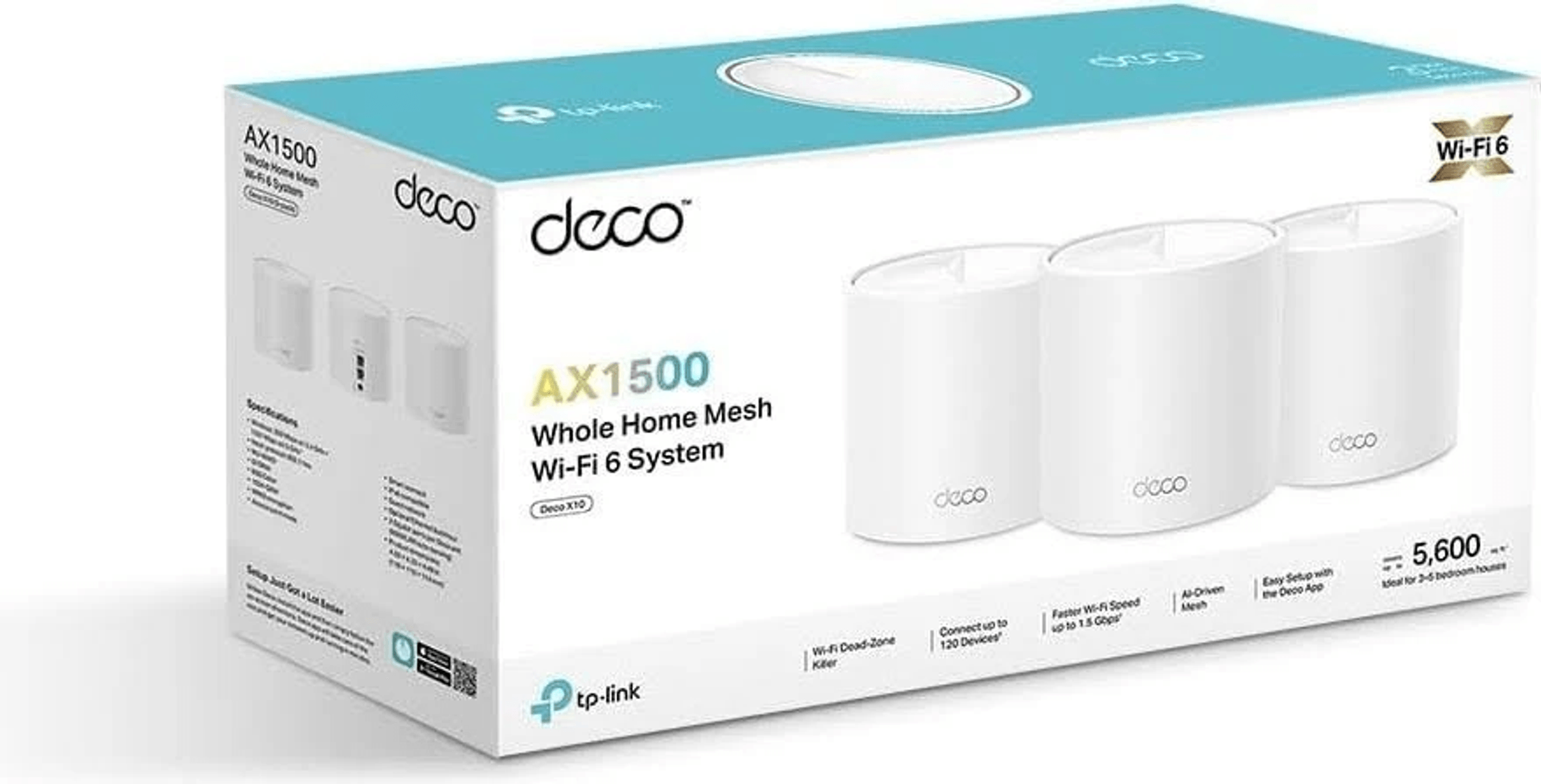 Confezione del sistema Wi-Fi 6 Mesh TP-Link Deco AX1500 con tre router bianchi.