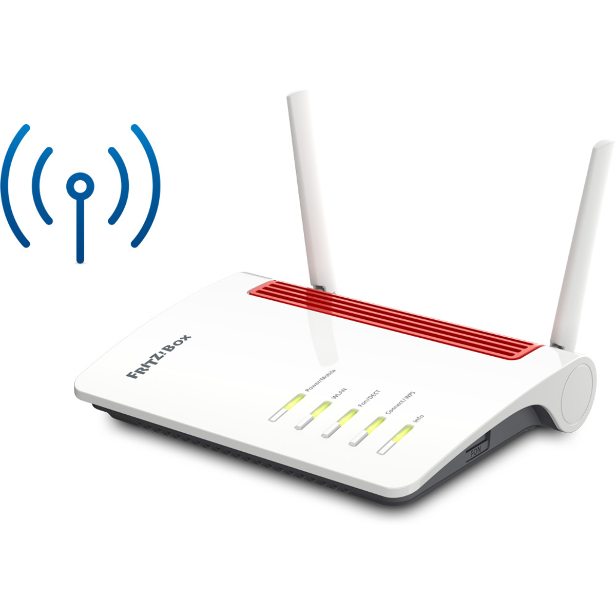 Ein weiß-roter Fritz!Box-Router mit zwei Antennen und grünen Statusleuchten auf weißem Hintergrund.