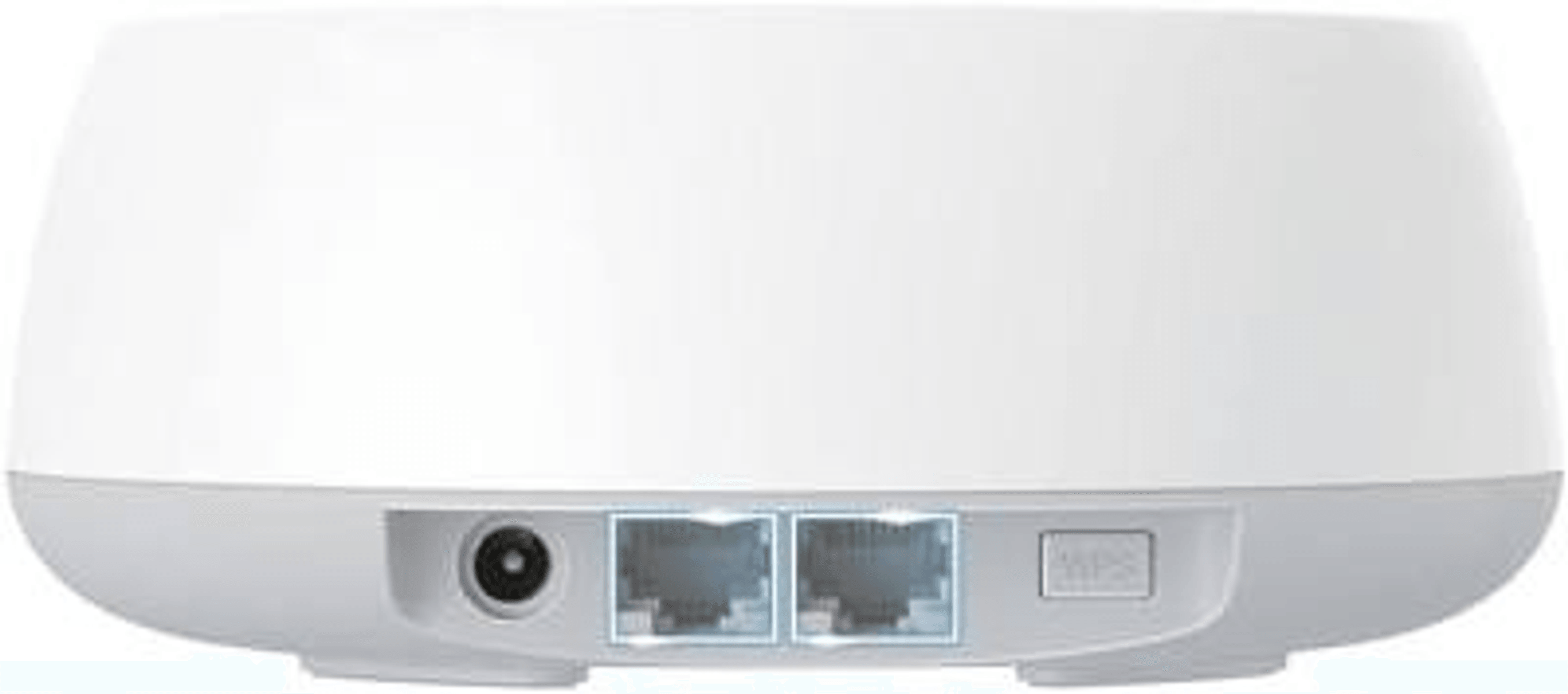 Rückseite eines weißen Routers mit einem Netzanschluss, zwei Ethernet-Ports und einem WPS-Knopf.