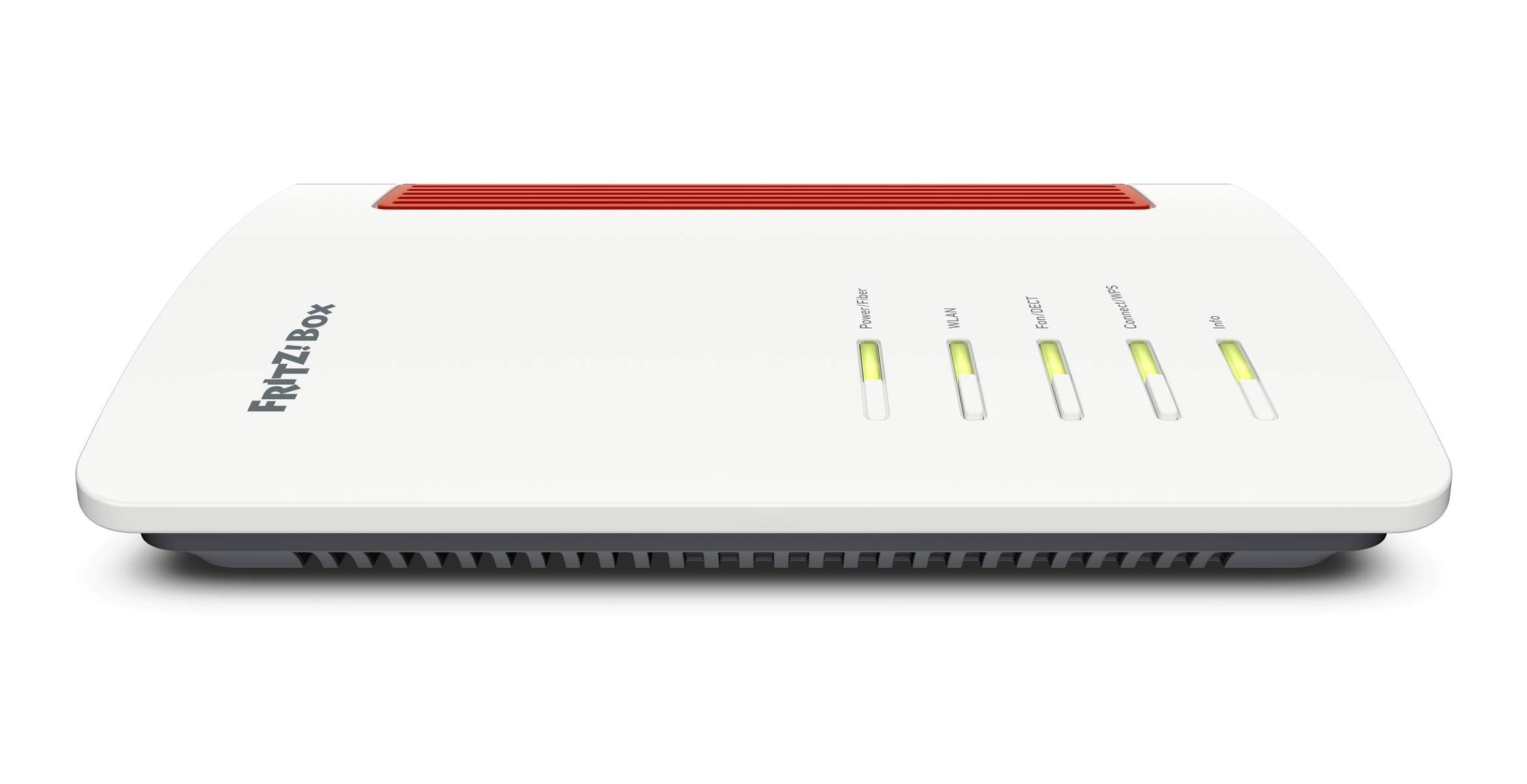 Un router FRITZ!Box bianco con feritoie di ventilazione rosse e LED di stato verdi su sfondo bianco.