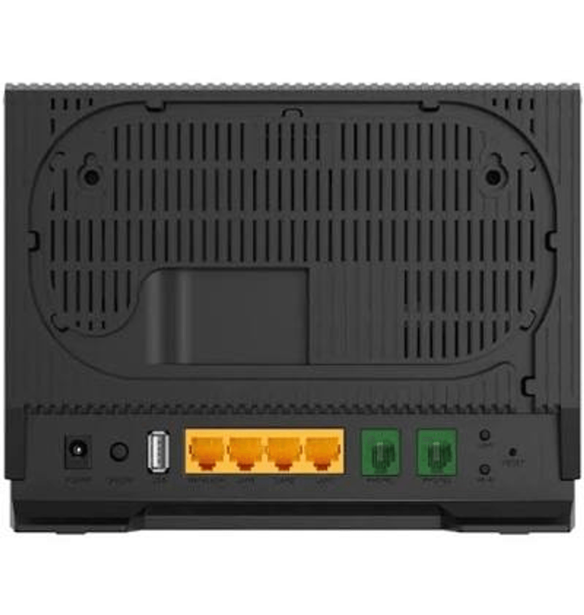 Rückseite eines schwarzen Routers mit Strom-, USB-, vier orangen LAN- und zwei grünen Telefonanschlüssen.