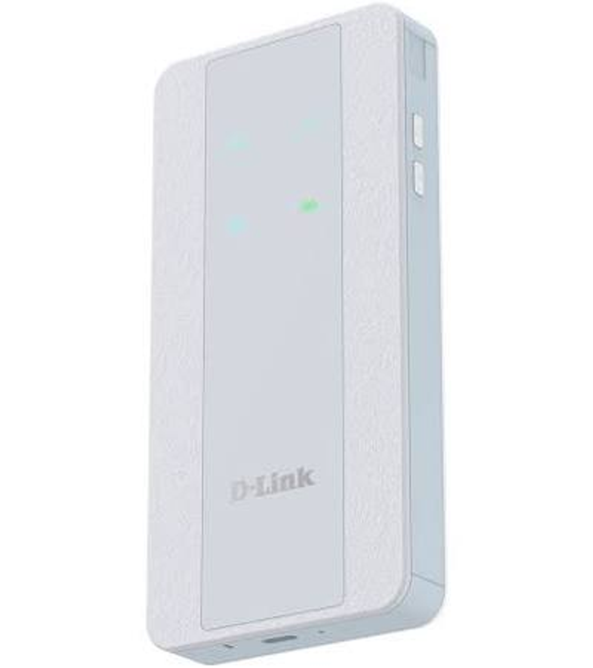 Un router portatile D-Link bianco con due pulsanti laterali e spie LED verdi sulla parte anteriore.