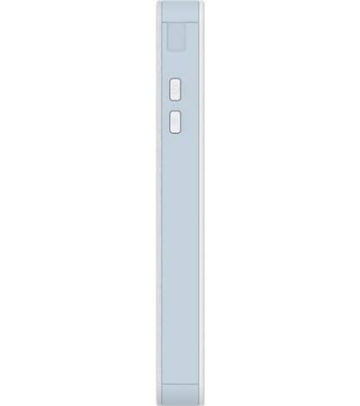 Vista laterale di uno smartphone azzurro con tasti del volume e un interruttore.