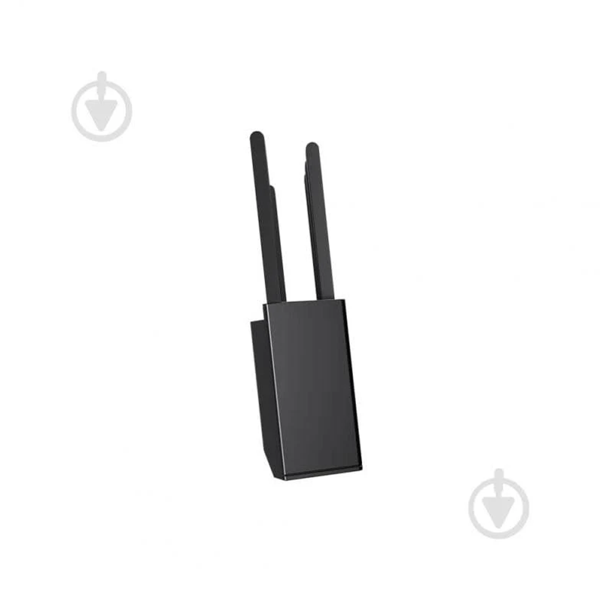 Un dispositivo elettronico nero con due antenne verticali su sfondo bianco.