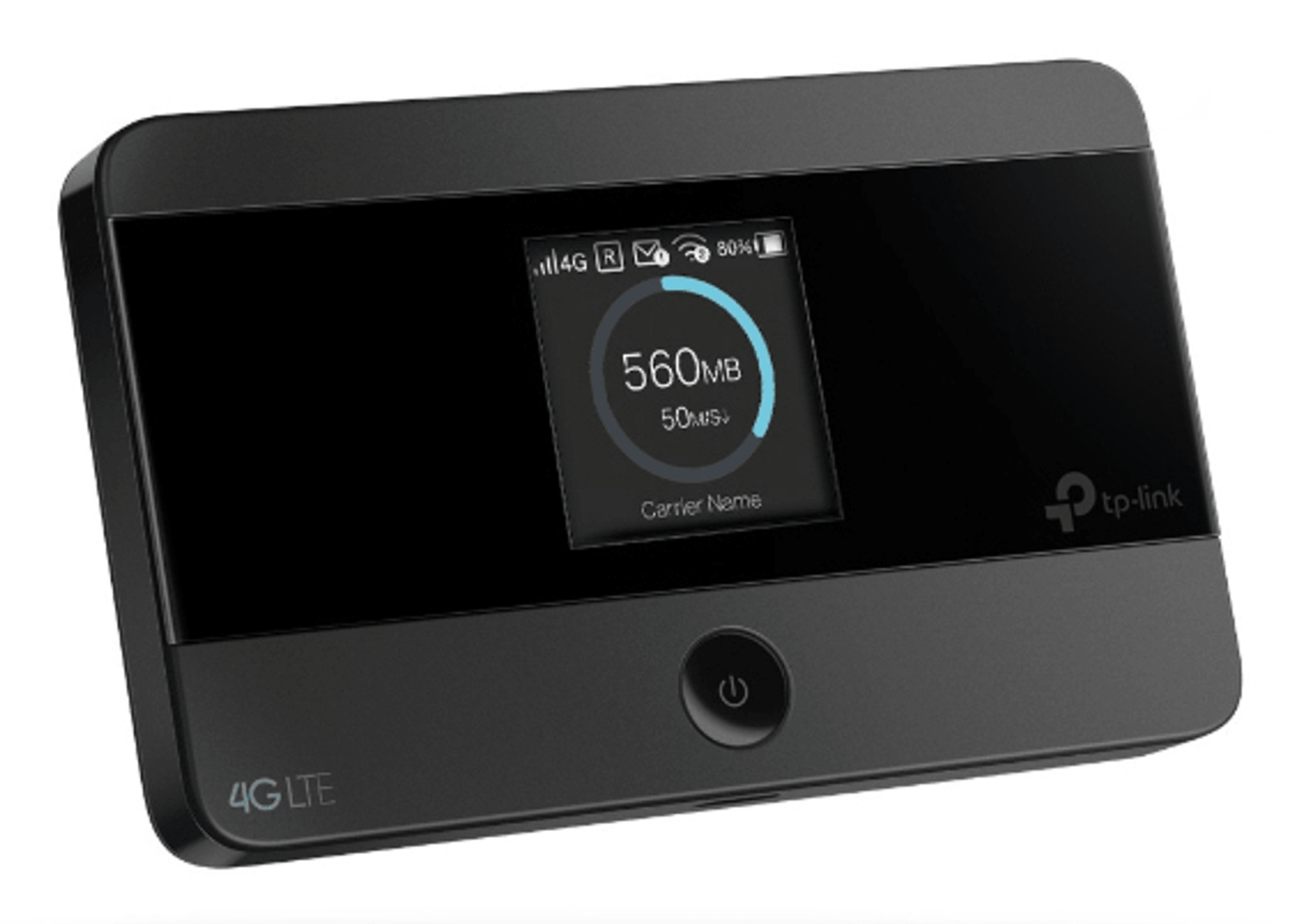 Ein schwarzer TP-Link 4G LTE mobiler WLAN-Router mit einem kleinen Bildschirm für Datennutzung und Symbole.