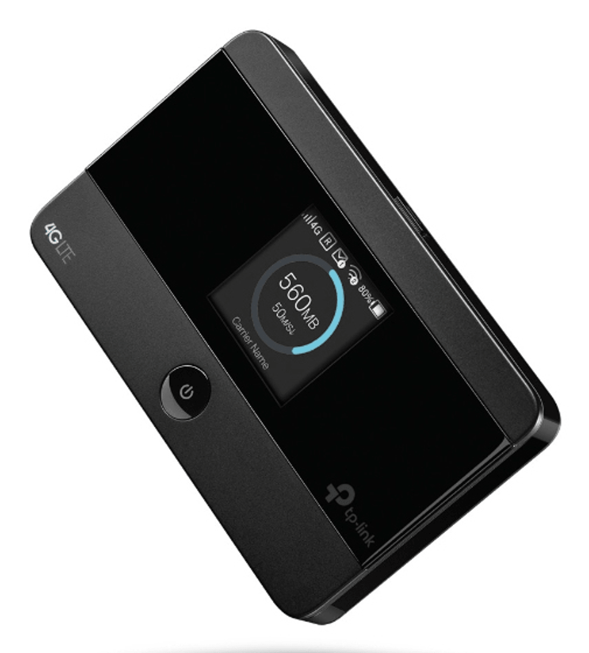 Ein schwarzer TP-Link 4G LTE mobiler WLAN-Router mit einem digitalen Display und einem Power-Knopf auf einem weißen Hintergrund.