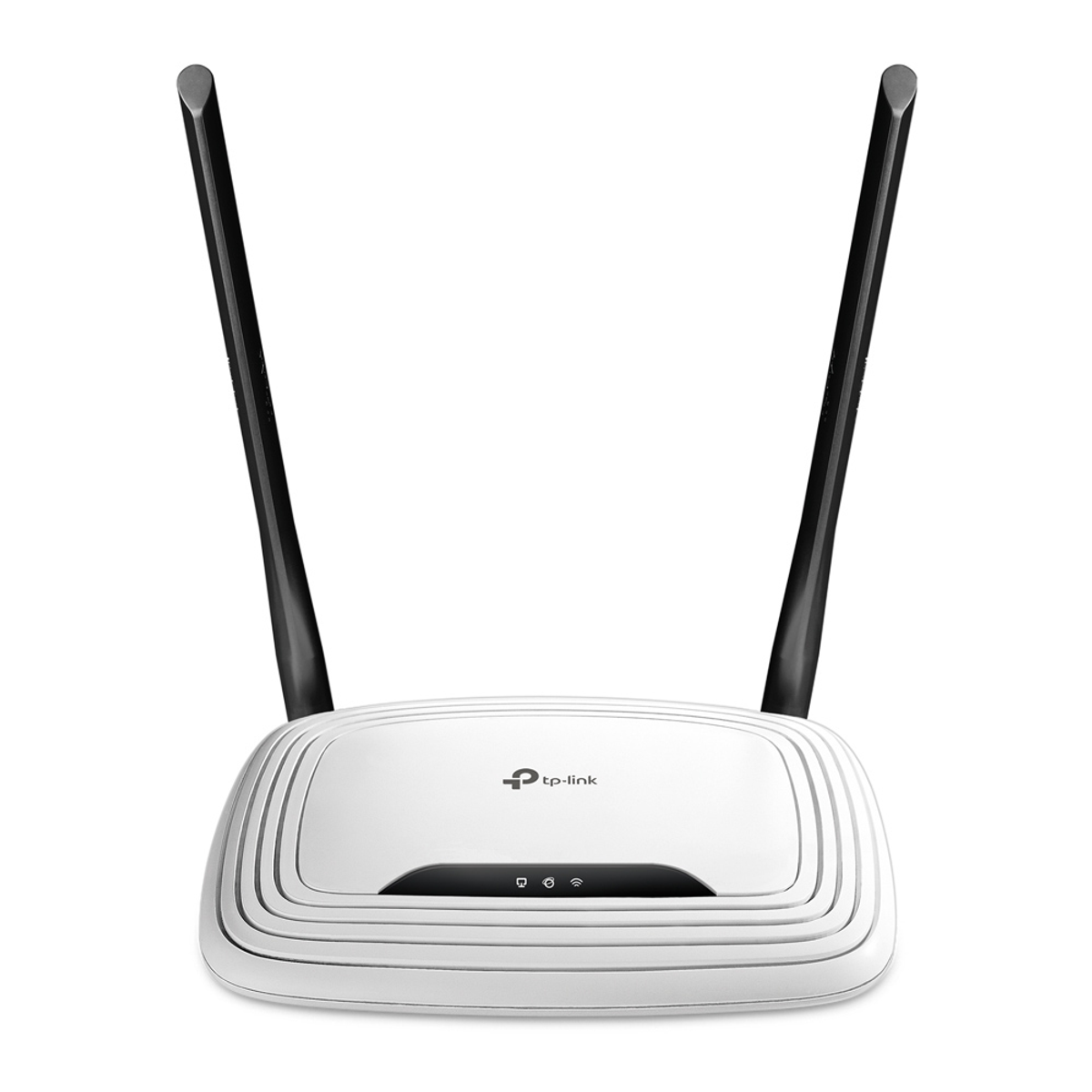 Ein weißer TP-Link WLAN-Router mit zwei schwarzen Antennen vor weißem Hintergrund.