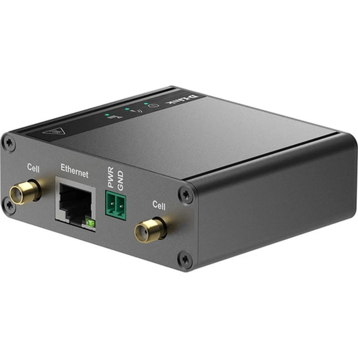Un router industriale nero con una porta Ethernet e due connettori per antenna.