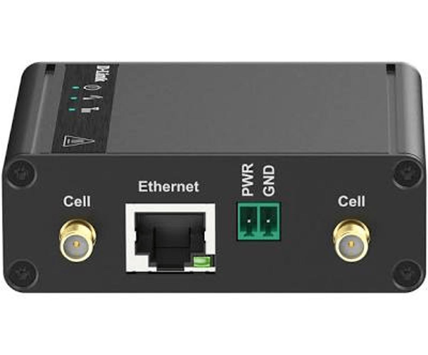 Gateway Ethernet industriale nero con due porte per antenna cellulare e terminali PWR-GND.