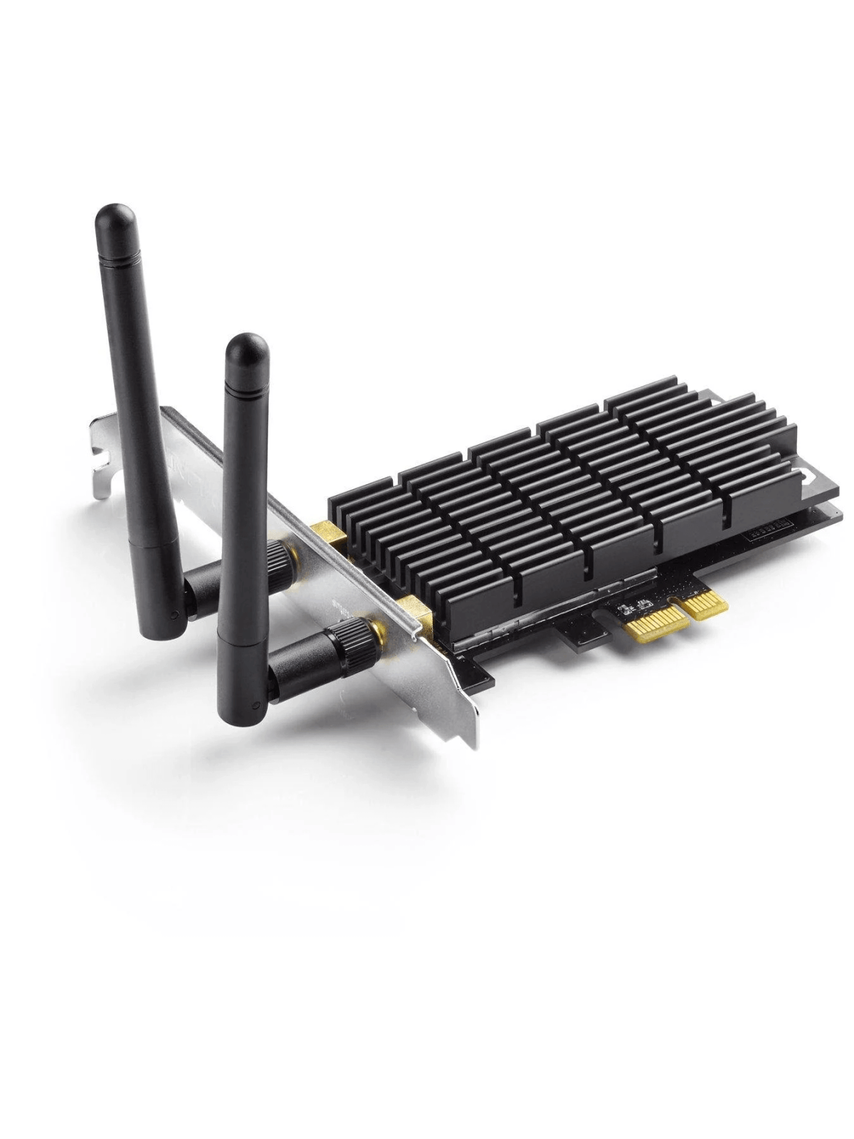 Karta Wi-Fi PCIe z dwiema czarnymi antenami i żebrowanym radiatorem na białym tle.