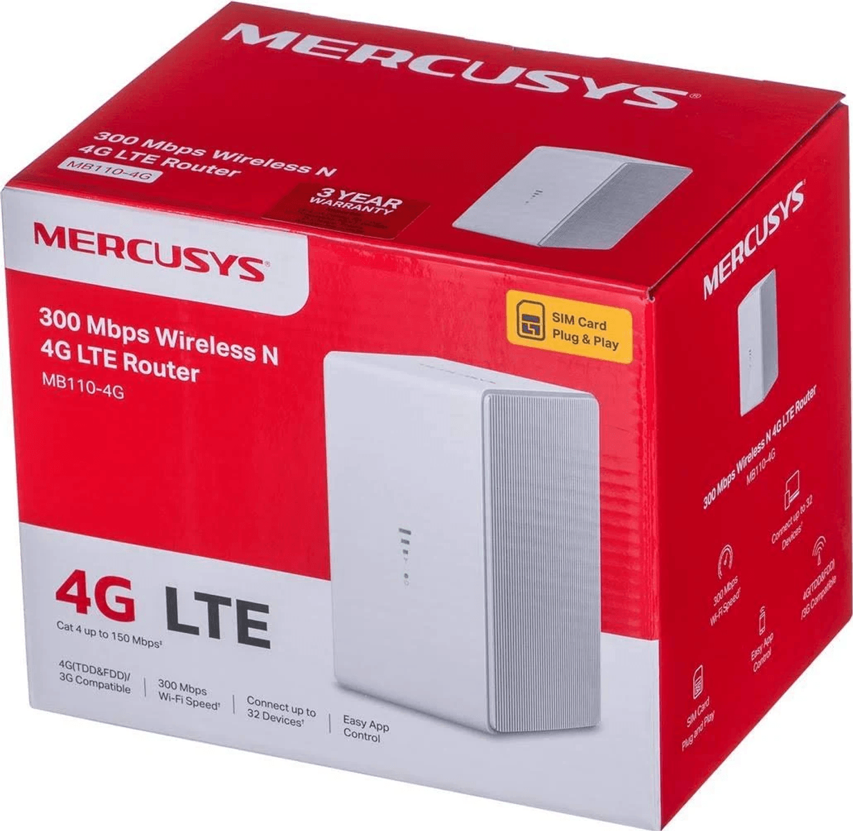 Scatola di prodotto rossa e bianca di un router Mercusys 4G LTE su sfondo bianco.