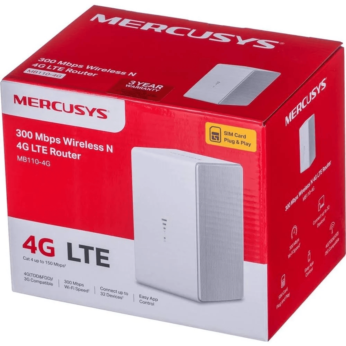 Eine rot-weiße Mercusys 4G-LTE-Router-Produktbox mit Produktbildern und Text auf weißem Hintergrund.