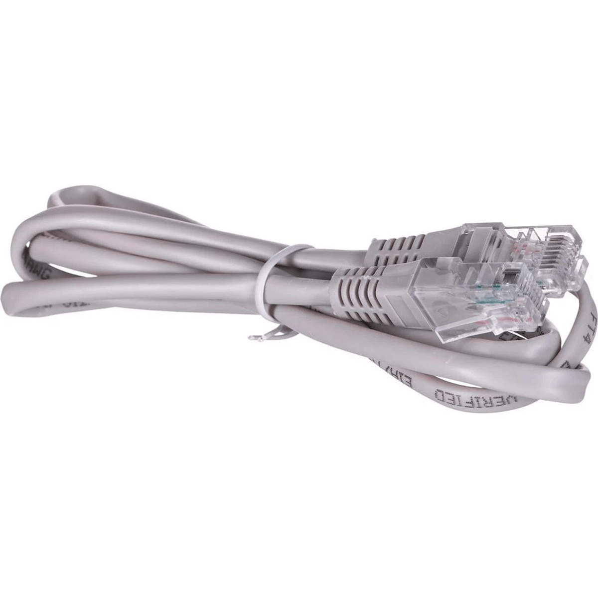 Ein graues Ethernet-Kabel, ordentlich zusammengerollt mit transparenten RJ45-Steckern auf einer Seite.