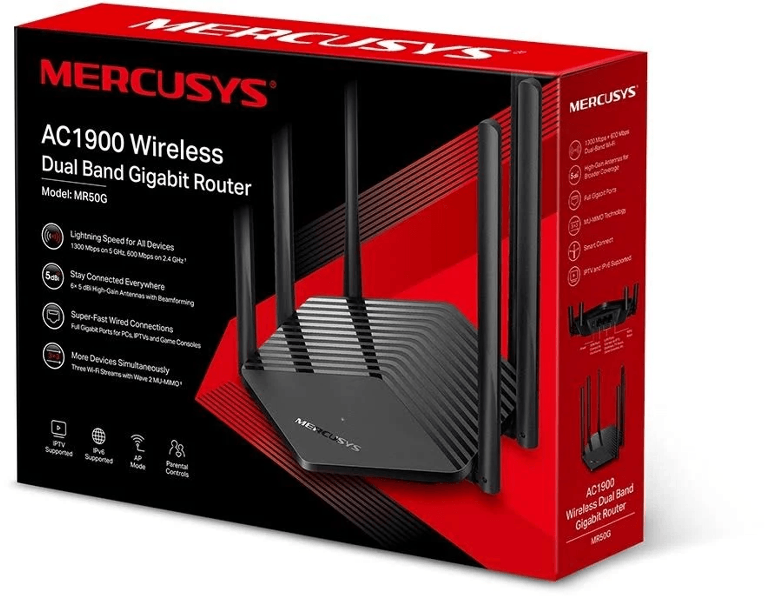 Scatola di imballaggio di un router Gigabit wireless dual-band Mercusys AC1900 nero.