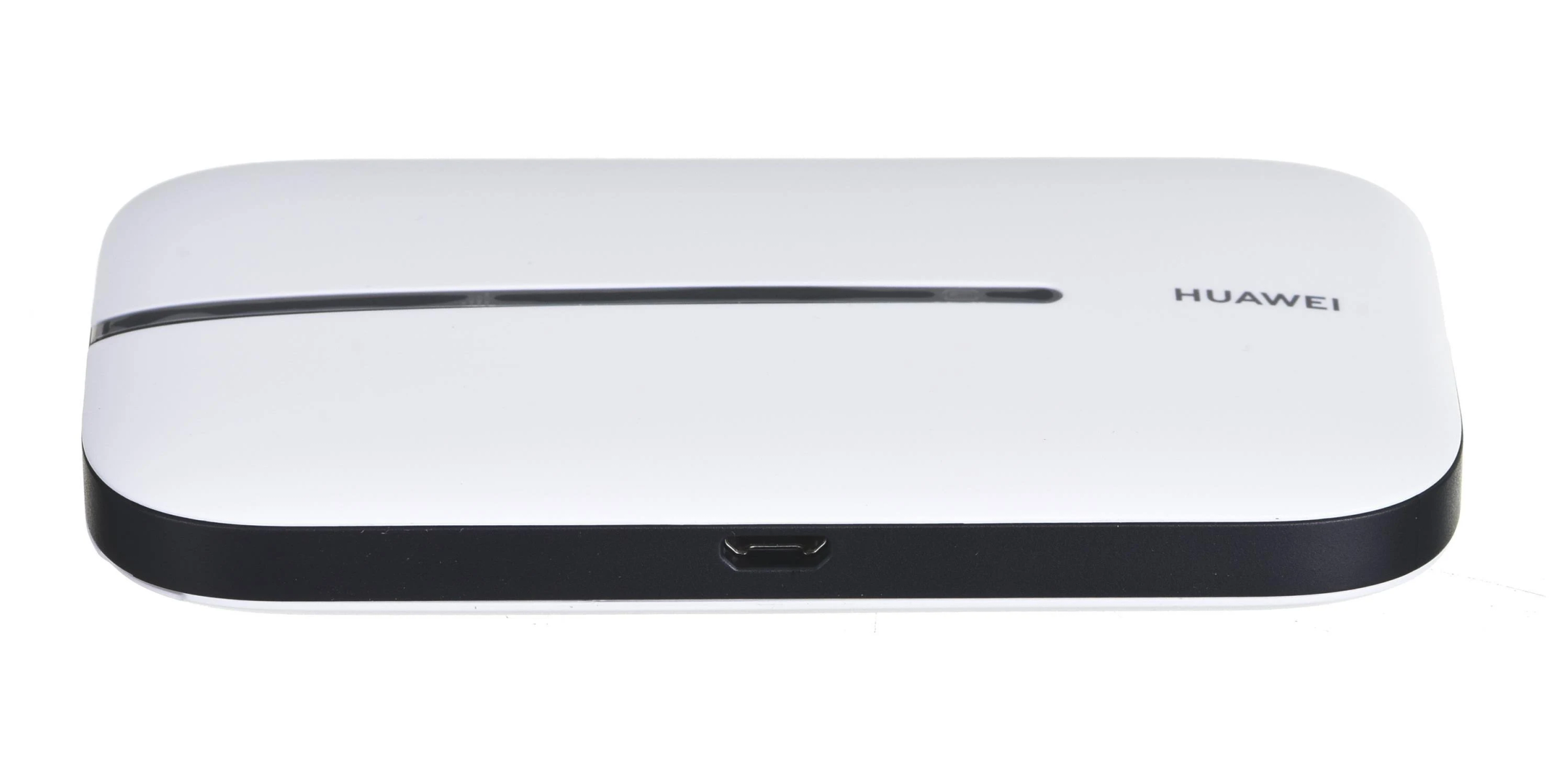 Un router Wi-Fi mobile Huawei bianco su sfondo bianco con una porta micro-USB.