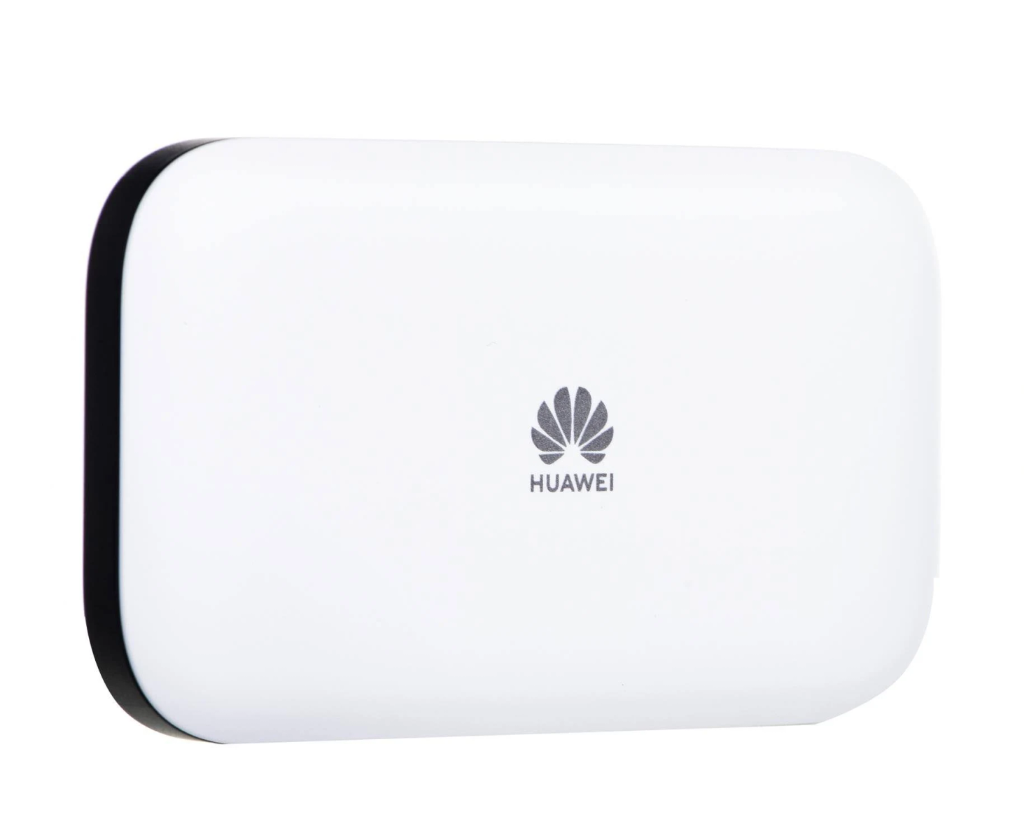 Un router Wi-Fi mobile Huawei bianco con bordo nero su sfondo bianco.