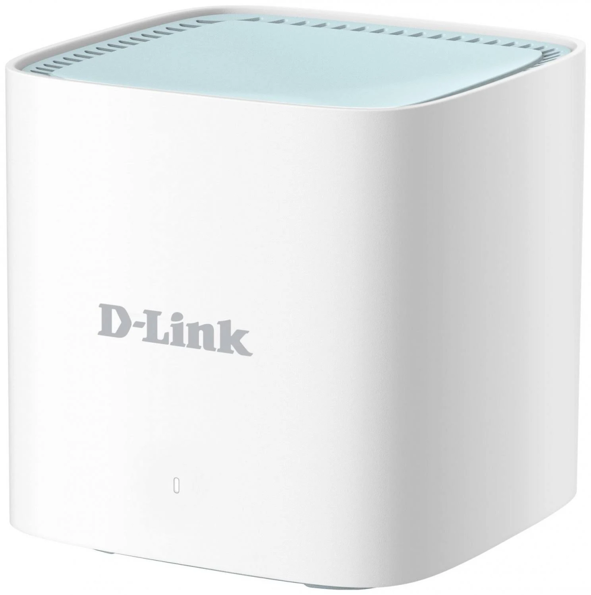 Un router D-Link bianco con la parte superiore azzurra su sfondo bianco.