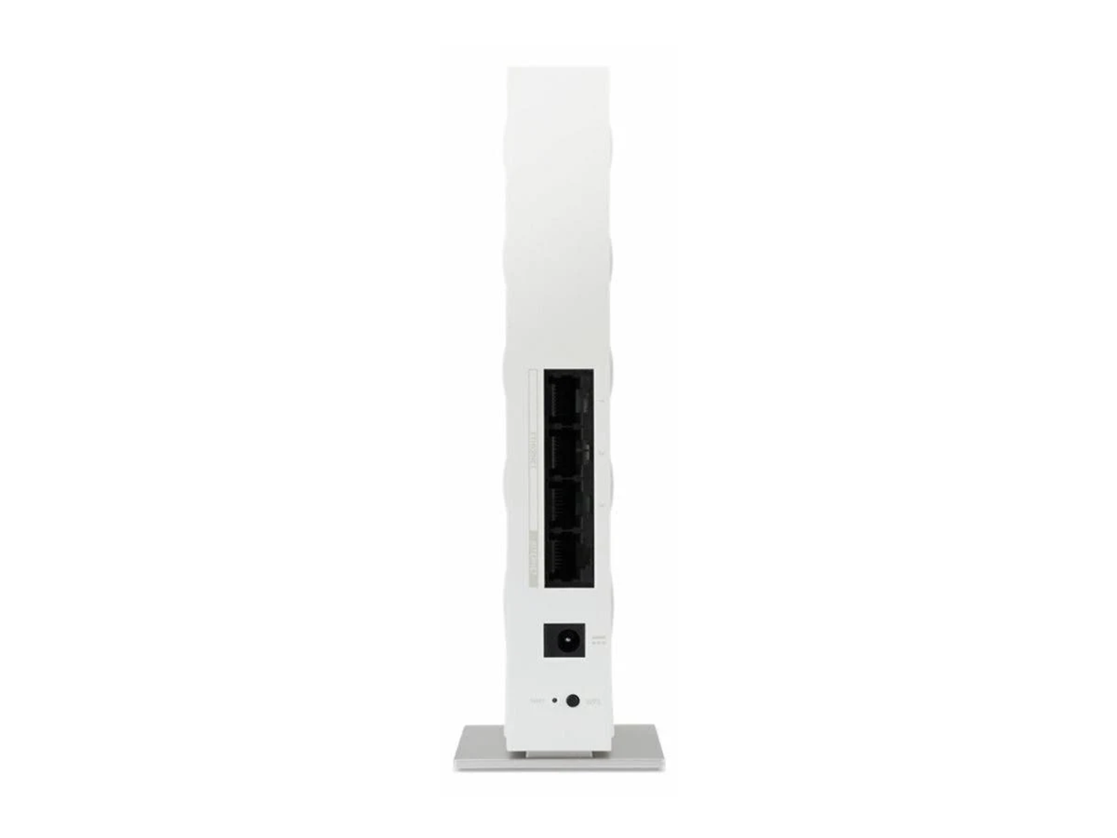 Vue arrière d'un routeur Wi-Fi blanc avec des ports Ethernet et une entrée d'alimentation sur fond clair.